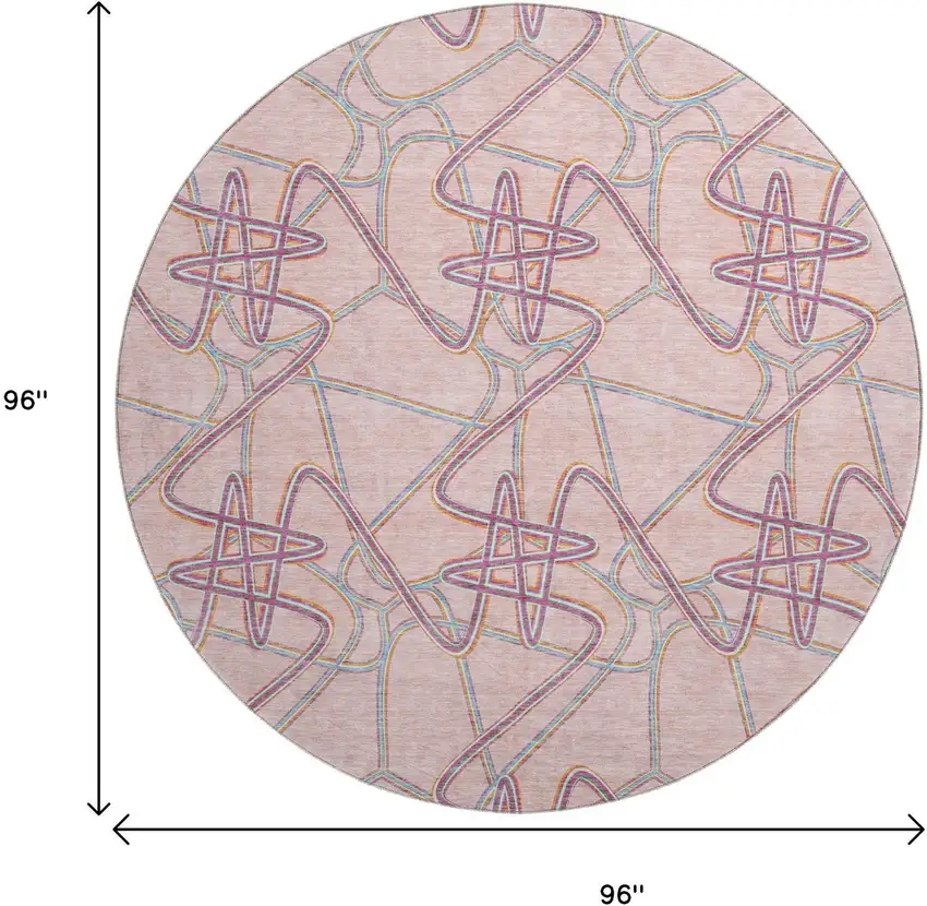 8' Pink Orange And Blue Geometric Washable Round Rug With UV Protection Photo 9