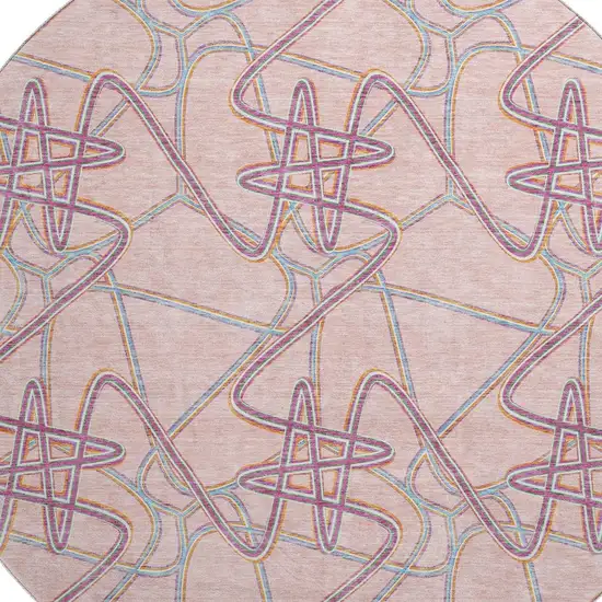 8' Pink Orange And Blue Geometric Washable Round Rug With UV Protection Photo 2
