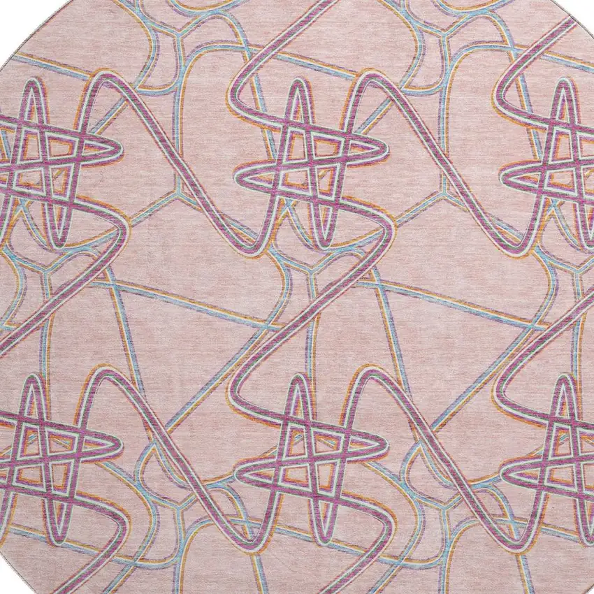 8' Pink Orange And Blue Geometric Washable Round Rug With UV Protection Photo 2