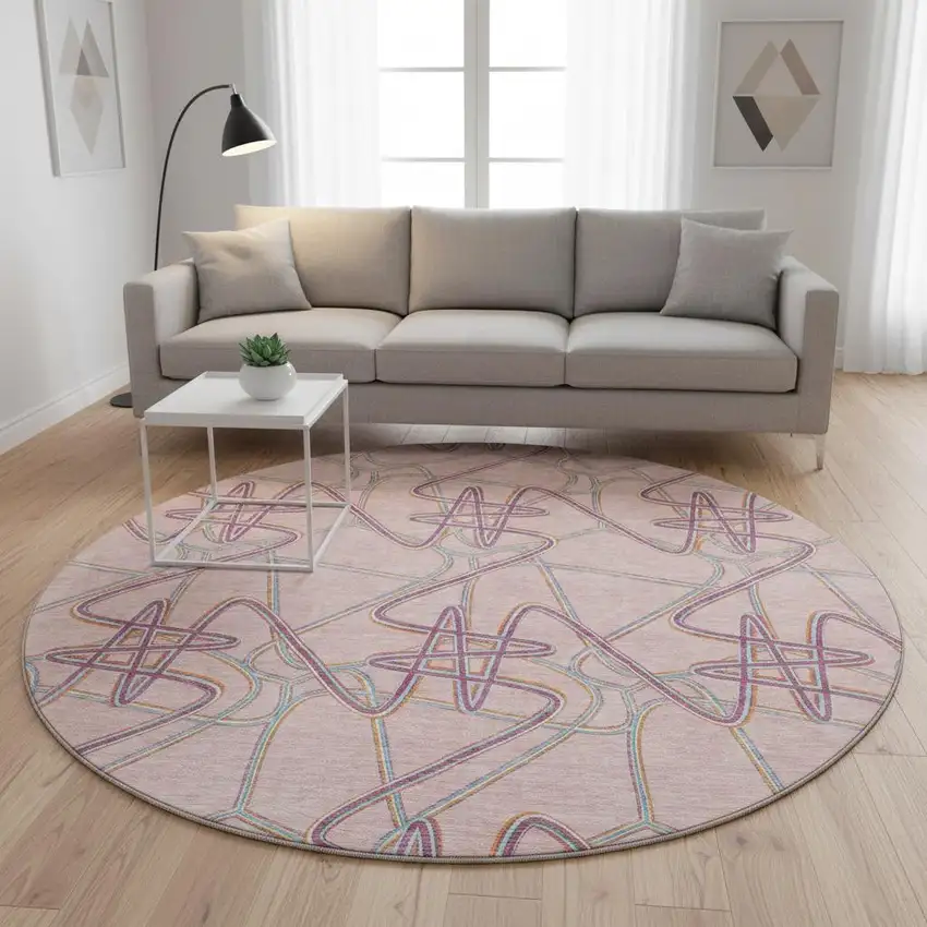 8' Pink Orange And Blue Geometric Washable Round Rug With UV Protection Photo 2