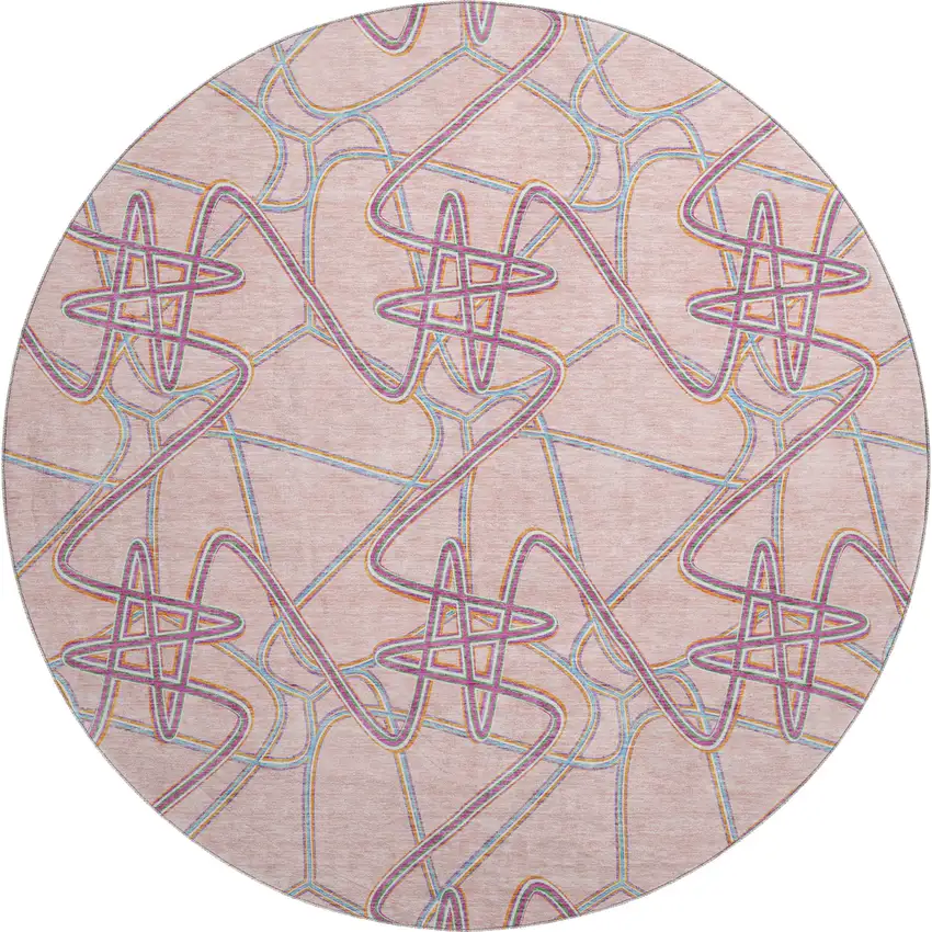 8' Pink Orange And Blue Geometric Washable Round Rug With UV Protection Photo 1