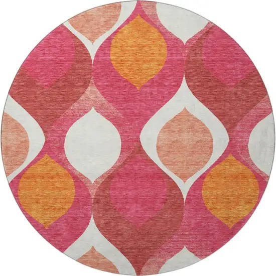 8' Pink Orange And Ivory Ogee Washable Round Rug With UV Protection Photo 4
