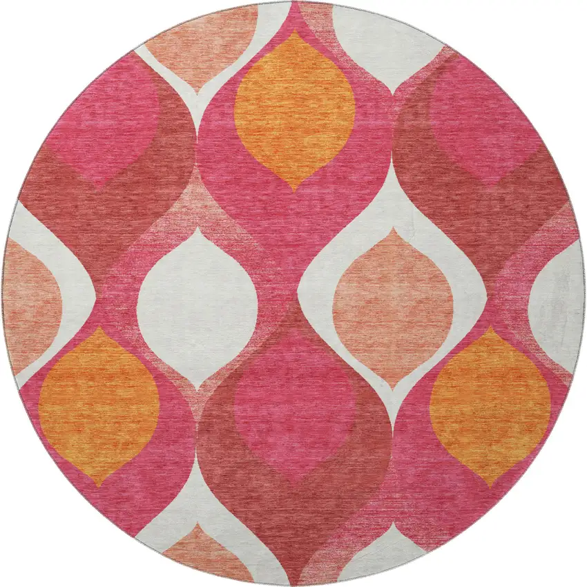 8' Pink Orange And Ivory Ogee Washable Round Rug With UV Protection Photo 4