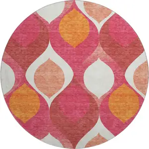 Photo of 8' Pink Orange And Ivory Ogee Washable Round Rug With UV Protection