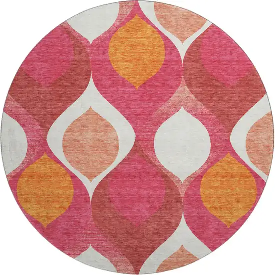 8' Pink Orange And Ivory Ogee Washable Round Rug With UV Protection Photo 1