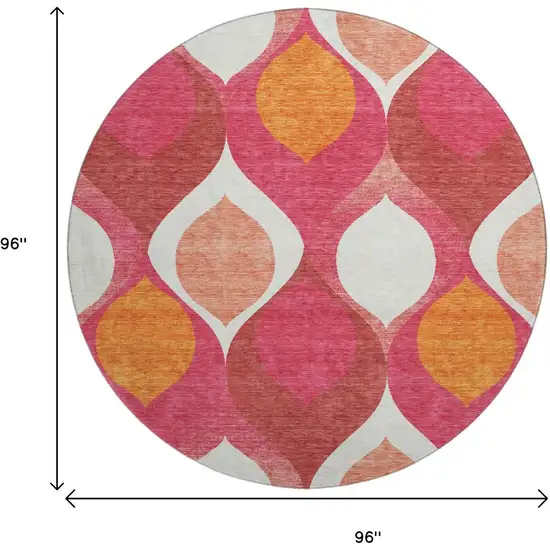 8' Pink Orange And Ivory Ogee Washable Round Rug With UV Protection Photo 3