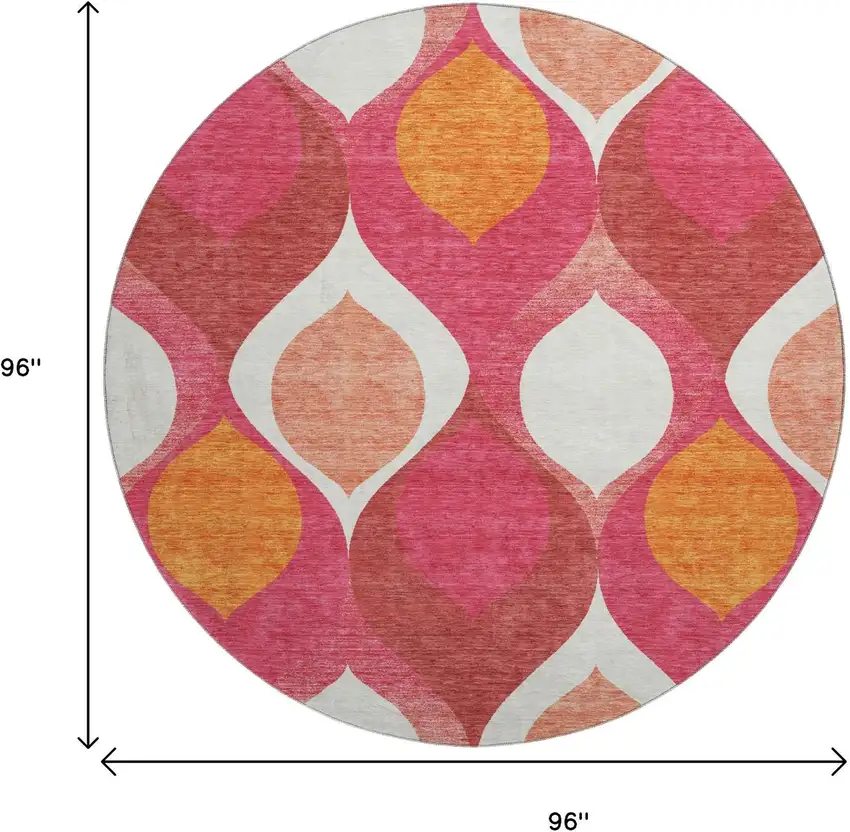 8' Pink Orange And Ivory Ogee Washable Round Rug With UV Protection Photo 3