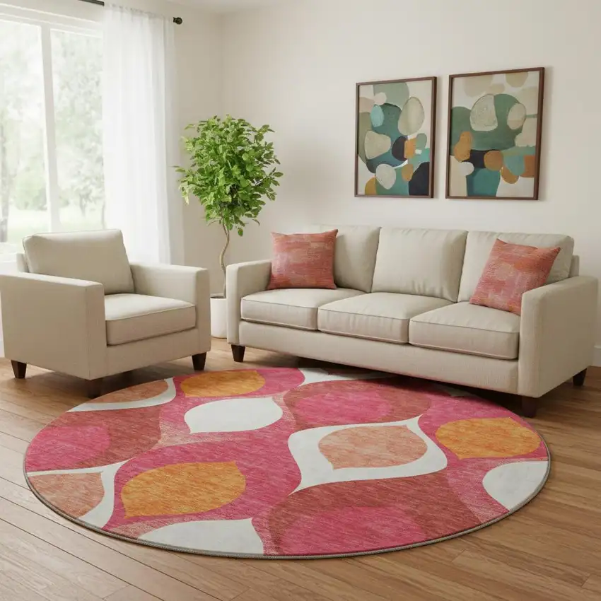 8' Pink Orange And Ivory Ogee Washable Round Rug With UV Protection Photo 1