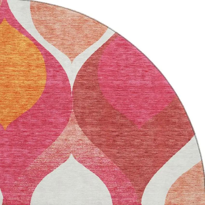 8' Pink Orange And Ivory Ogee Washable Round Rug With UV Protection Photo 3