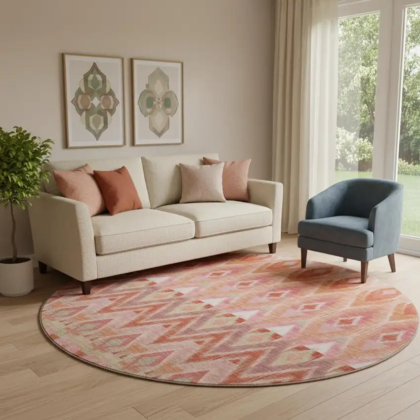 8' Pink Orange And Mint Green Southwestern Washable Round Rug With UV Protection Photo 1