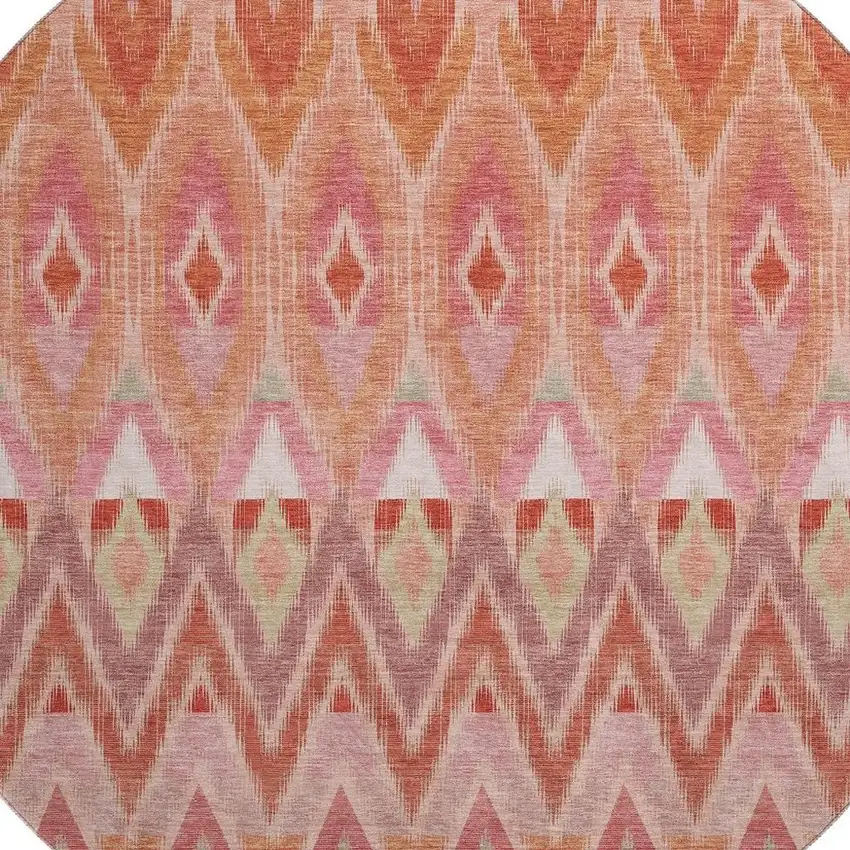 8' Pink Orange And Mint Green Southwestern Washable Round Rug With UV Protection Photo 3