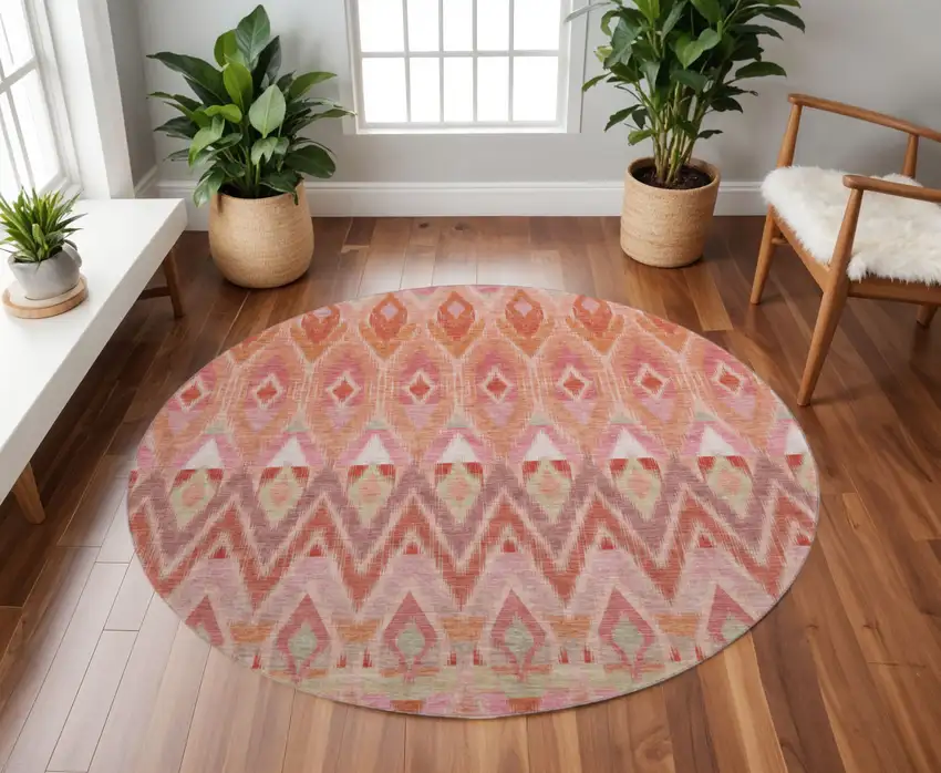 8' Pink Orange And Mint Green Southwestern Washable Round Rug With UV Protection Photo 2