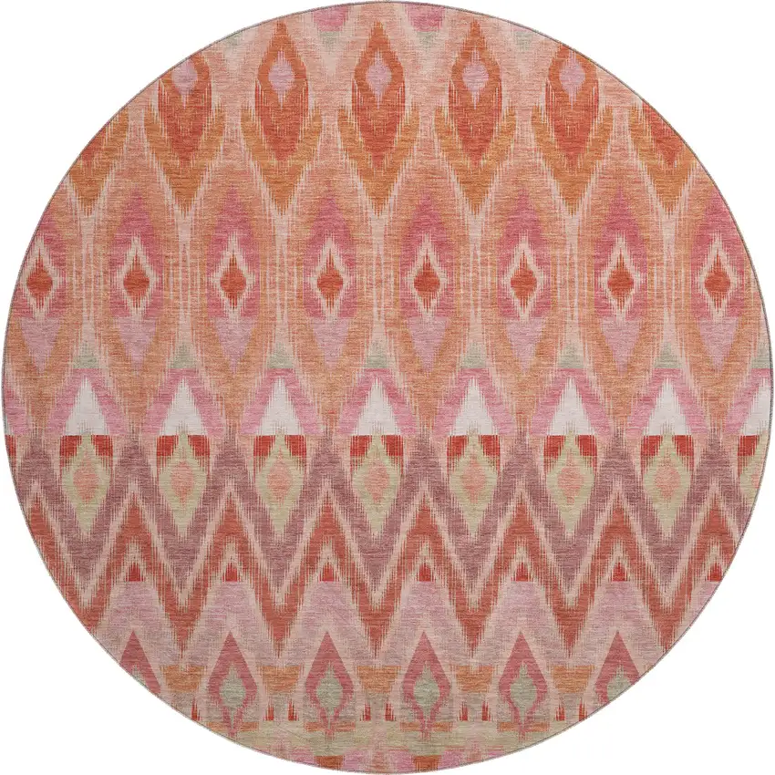 8' Pink Orange And Mint Green Southwestern Washable Round Rug With UV Protection Photo 1