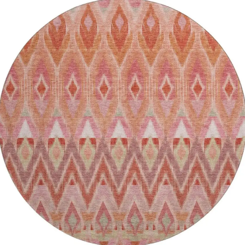 8' Pink Orange And Mint Green Southwestern Washable Round Rug With UV Protection Photo 4