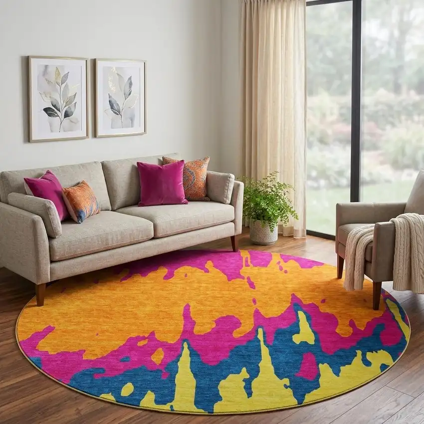 8' Pink Orange Blue And Lime Green Abstract Washable Round Rug With UV Protection Photo 1