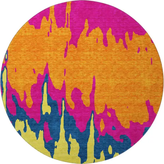 8' Pink Orange Blue And Lime Green Abstract Washable Round Rug With UV Protection Photo 3