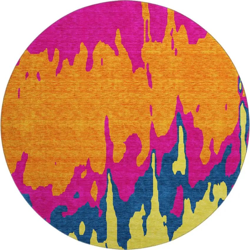 8' Pink Orange Blue And Lime Green Abstract Washable Round Rug With UV Protection Photo 1