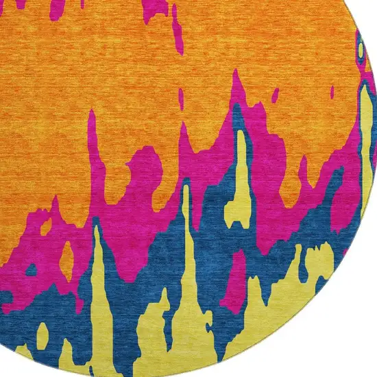 8' Pink Orange Blue And Lime Green Abstract Washable Round Rug With UV Protection Photo 2