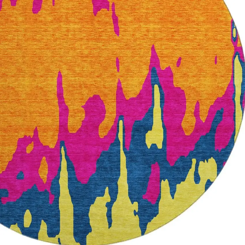 8' Pink Orange Blue And Lime Green Abstract Washable Round Rug With UV Protection Photo 2