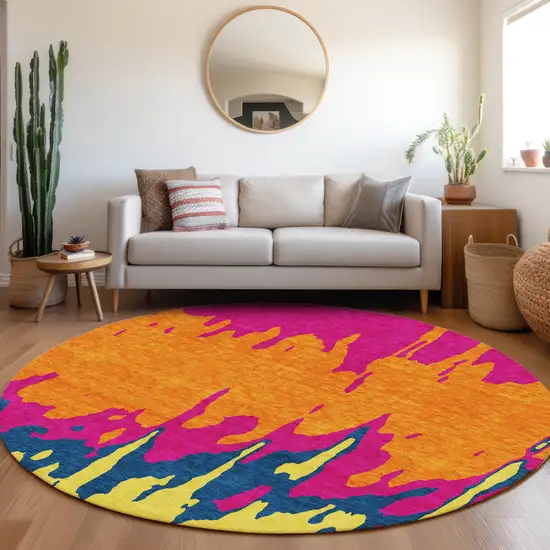 8' Pink Orange Blue And Lime Green Abstract Washable Round Rug With UV Protection Photo 4