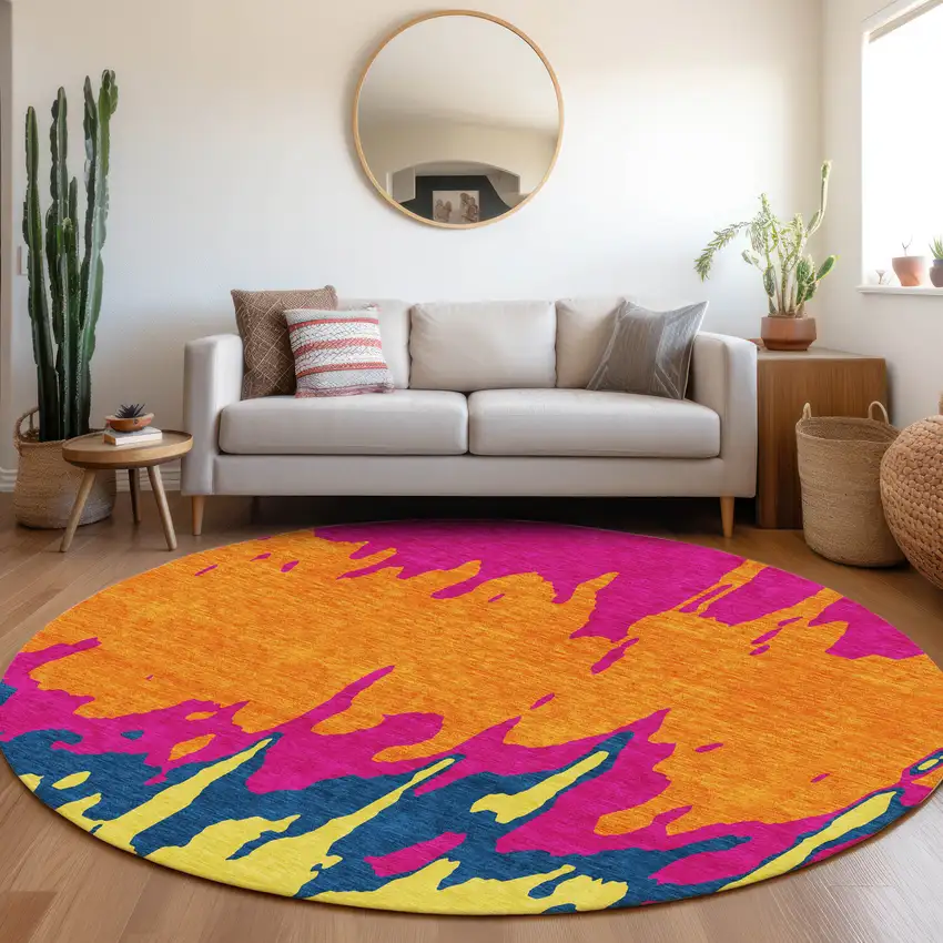 8' Pink Orange Blue And Lime Green Abstract Washable Round Rug With UV Protection Photo 4