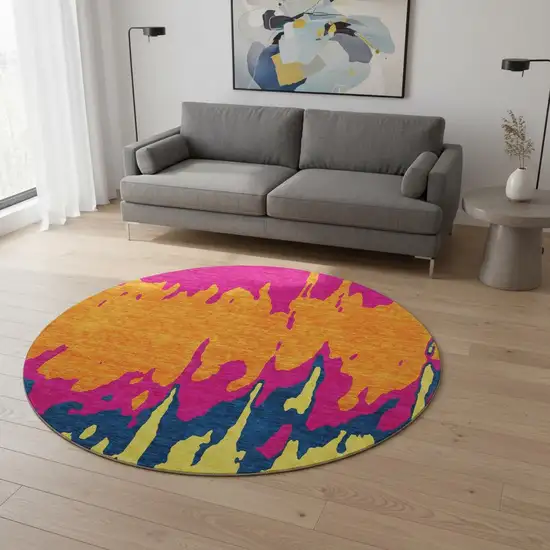 8' Pink Orange Blue And Lime Green Abstract Washable Round Rug With UV Protection Photo 2