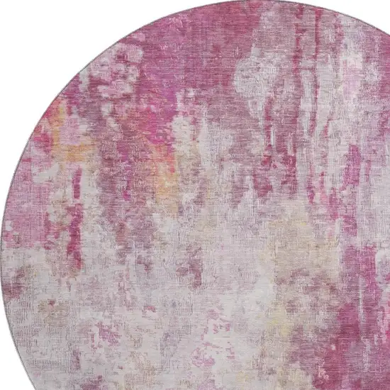 8' Pink Peach And Ivory Abstract Washable Round Rug With UV Protection Photo 2