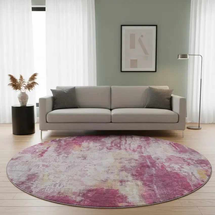 8' Pink Peach And Ivory Abstract Washable Round Rug With UV Protection Photo 2