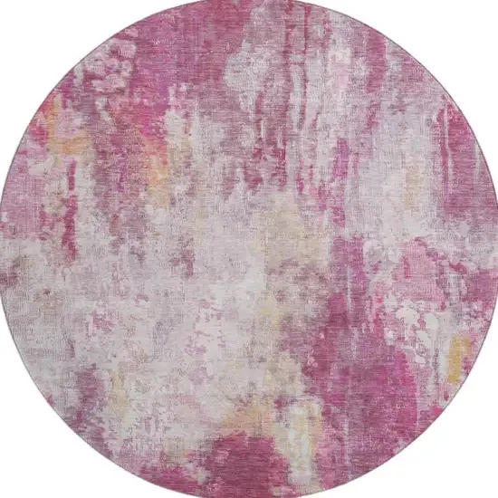8' Pink Peach And Ivory Abstract Washable Round Rug With UV Protection Photo 3