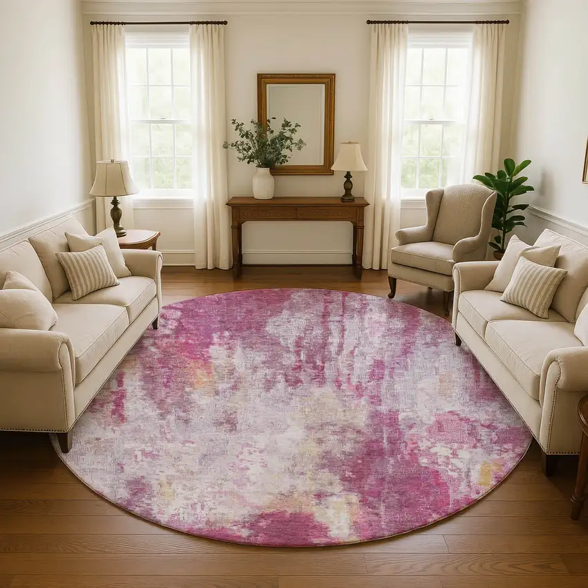 8' Pink Peach And Ivory Abstract Washable Round Rug With UV Protection Photo 4