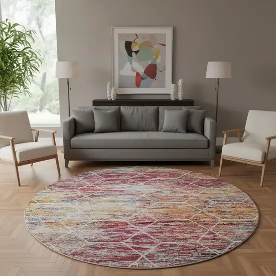 8' Pink Peach And Ivory Geometric Washable Round Rug With UV Protection Photo 2