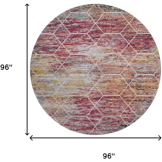 8' Pink Peach And Ivory Geometric Washable Round Rug With UV Protection Photo 9