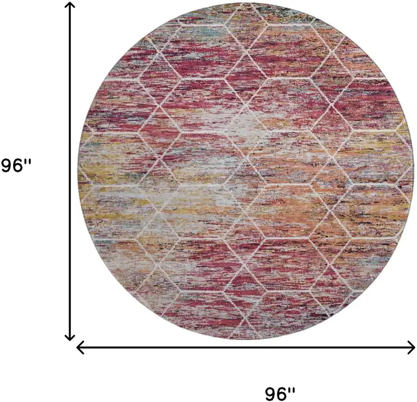8' Pink Peach And Ivory Geometric Washable Round Rug With UV Protection Photo 9