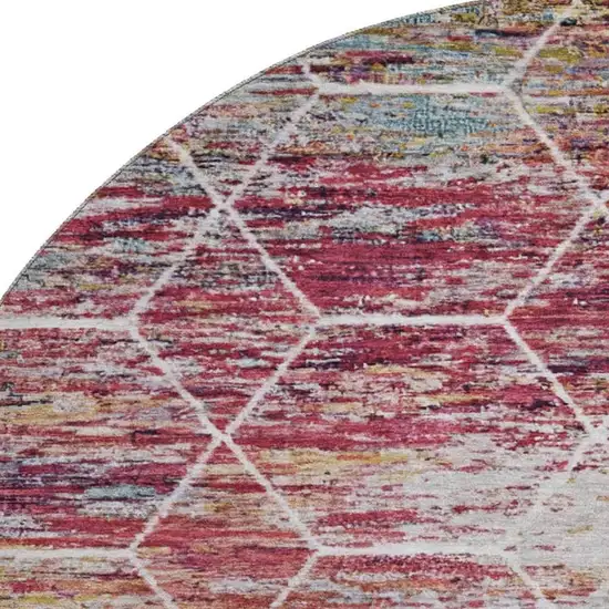 8' Pink Peach And Ivory Geometric Washable Round Rug With UV Protection Photo 2