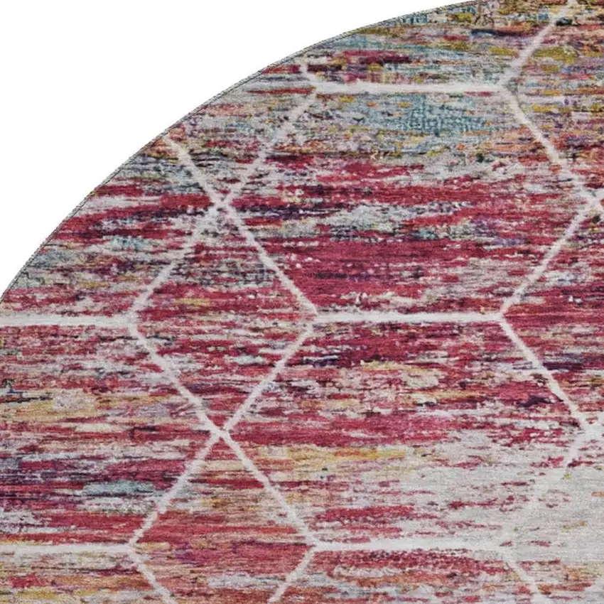 8' Pink Peach And Ivory Geometric Washable Round Rug With UV Protection Photo 2