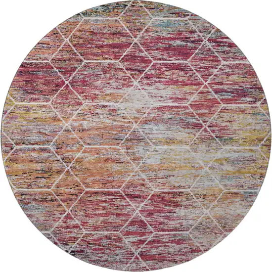 8' Pink Peach And Ivory Geometric Washable Round Rug With UV Protection Photo 3