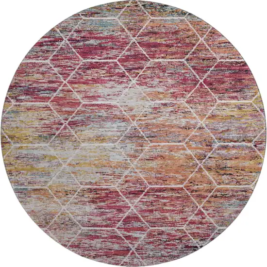 8' Pink Peach And Ivory Geometric Washable Round Rug With UV Protection Photo 1