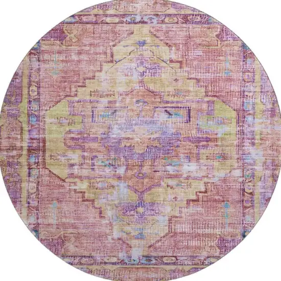 8' Pink Purple And Blue Oriental Washable Round Rug With UV Protection Photo 2