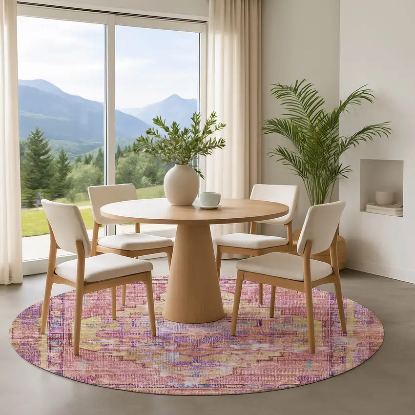 8' Pink Purple And Blue Oriental Washable Round Rug With UV Protection Photo 4