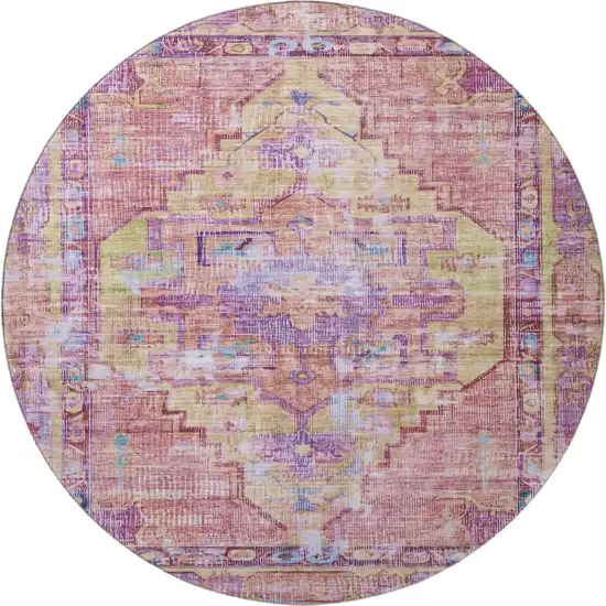 8' Pink Purple And Blue Oriental Washable Round Rug With UV Protection Photo 3