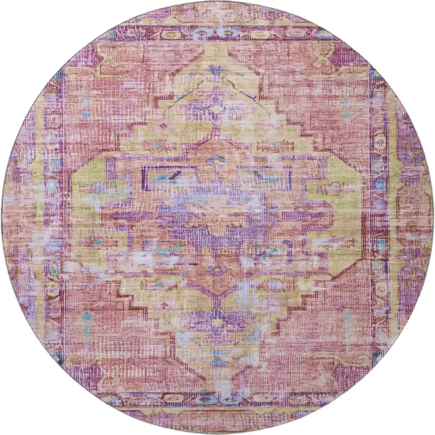 8' Pink Purple And Blue Oriental Washable Round Rug With UV Protection Photo 3