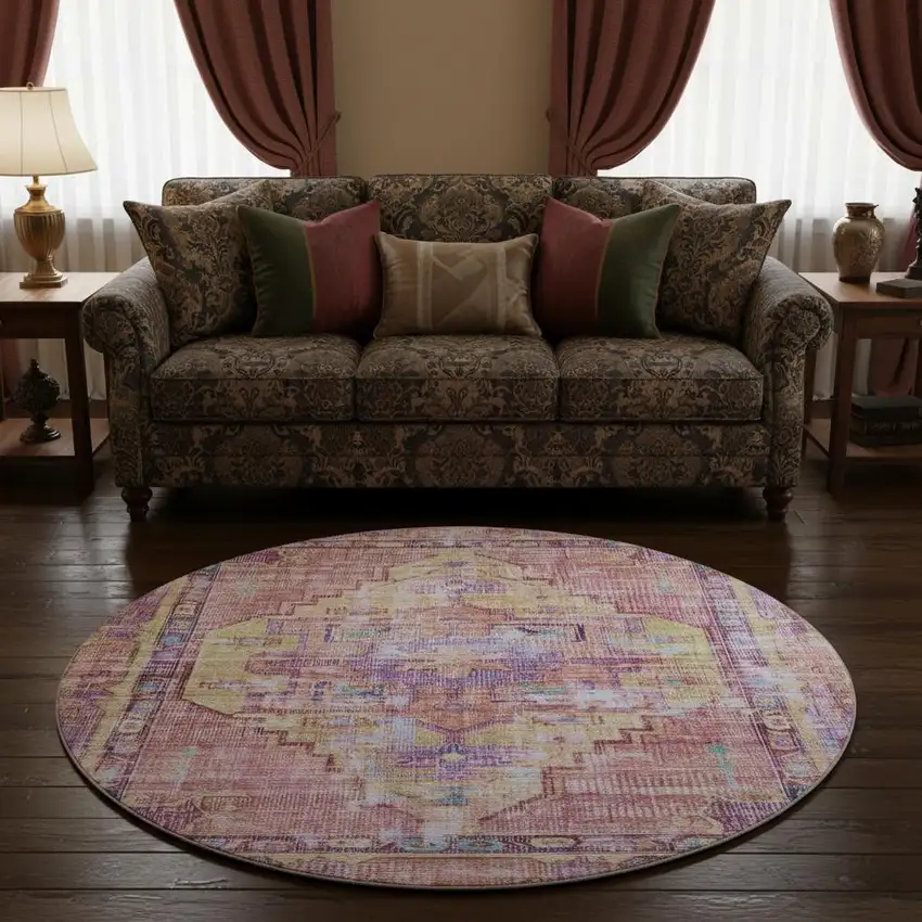 8' Pink Purple And Blue Oriental Washable Round Rug With UV Protection Photo 2