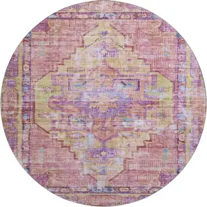 Photo of 8' Pink Purple And Blue Oriental Washable Round Rug With UV Protection