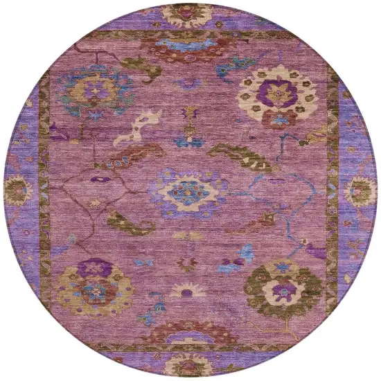 8' Pink Purple And Gold Round Floral Medallion Washable Indoor Outdoor Area Rug Photo 4
