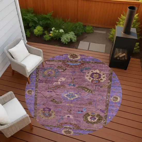 8' Pink Purple And Gold Round Floral Medallion Washable Indoor Outdoor Area Rug Photo 9