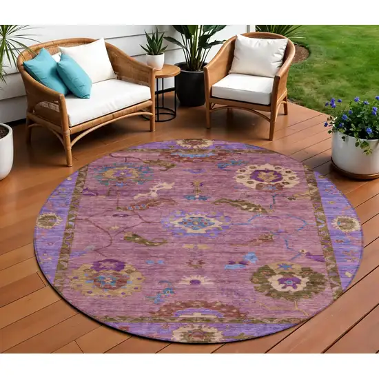 8' Pink Purple And Gold Round Floral Medallion Washable Indoor Outdoor Area Rug Photo 1
