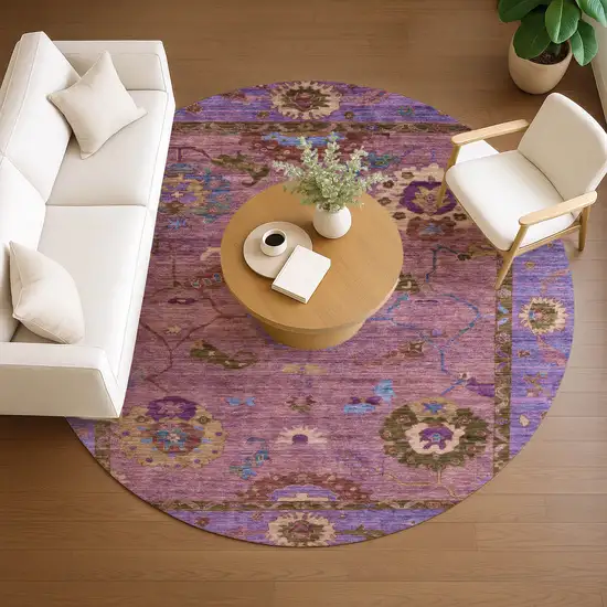 8' Pink Purple And Gold Round Floral Medallion Washable Indoor Outdoor Area Rug Photo 9