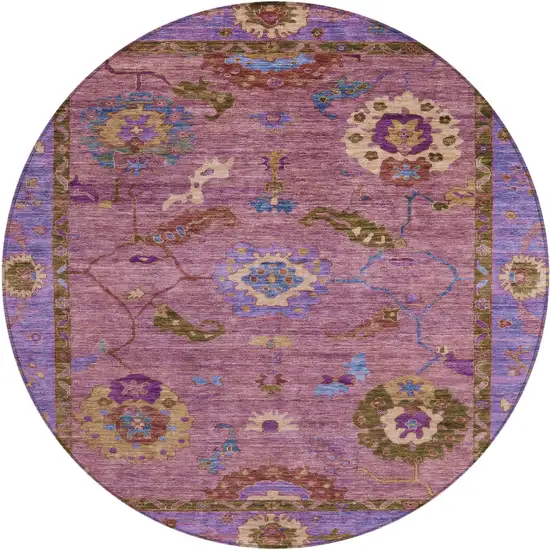 8' Pink Purple And Gold Round Floral Medallion Washable Indoor Outdoor Area Rug Photo 2