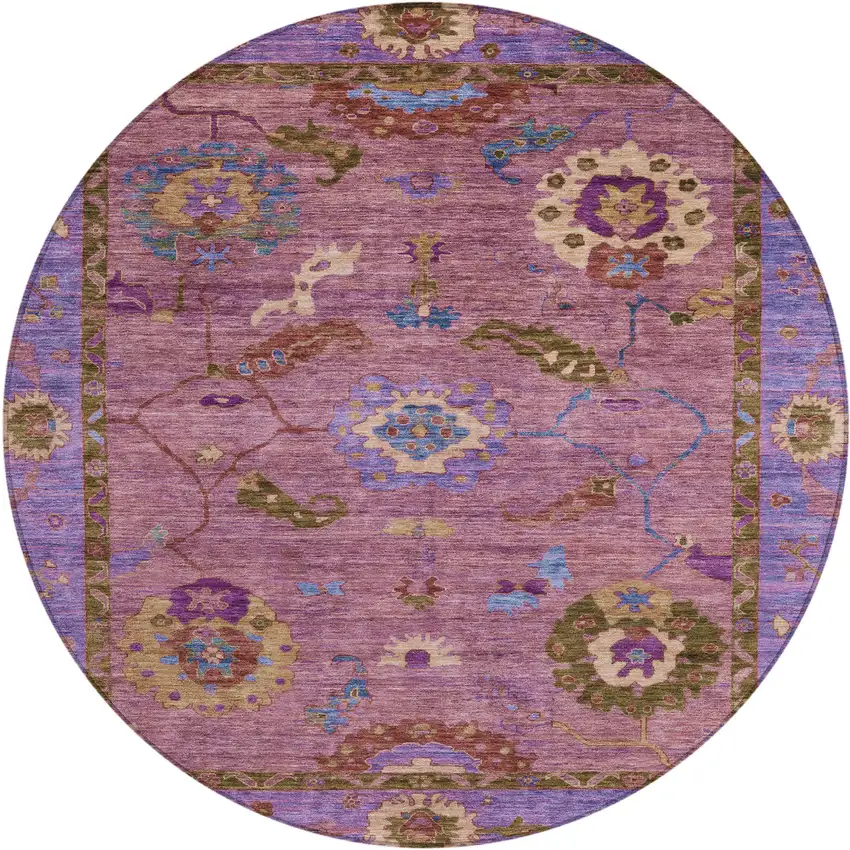 8' Pink Purple And Gold Round Floral Medallion Washable Indoor Outdoor Area Rug Photo 2