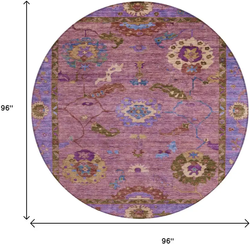 8' Pink Purple And Gold Round Floral Medallion Washable Indoor Outdoor Area Rug Photo 3